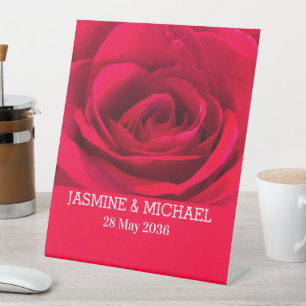 Red Rose Custom Name Floral Wedding,Engagement    Pedestal Sign