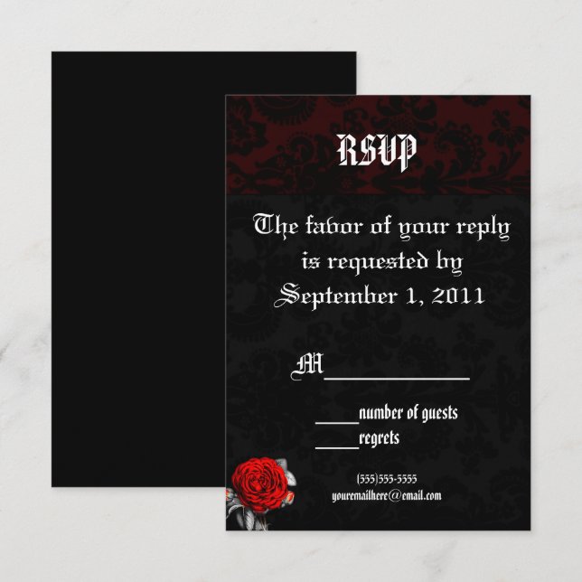 Red Rose Damask Goth Wedding RSVP Invitations (Front/Back)