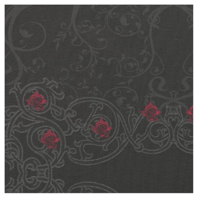 Red Rose Damask Scroll Gothic Fabric (Close Up)