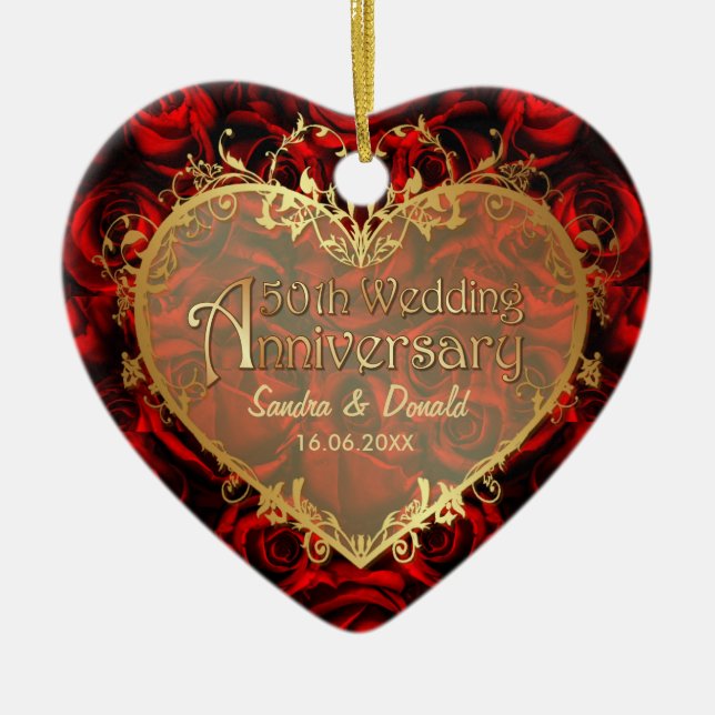 Red Rose Elegance - 50th Anniversary Ceramic Ornament (Front)