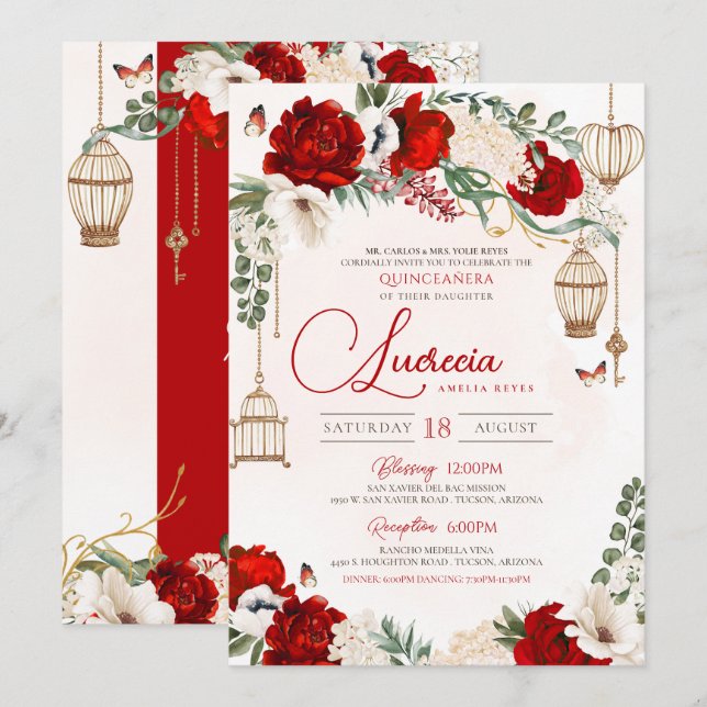 Red Rose Elegant Botanical Butterfly Quinceañera Invitation (Front/Back)