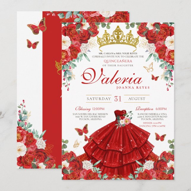 Red Rose Elegant Butterfly Princess Quinceañera Invitation (Front/Back)