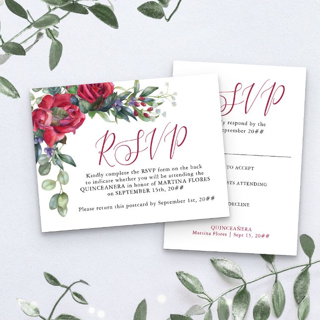 Red Rose Elegant Quinceanera Pre-Addressed RSVP Postcard (RSVP Postcard from my Rose and Eucalyptus Quinceanera collection)