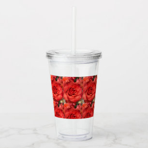 Red Rose Floral Acrylic Tumbler with Straw