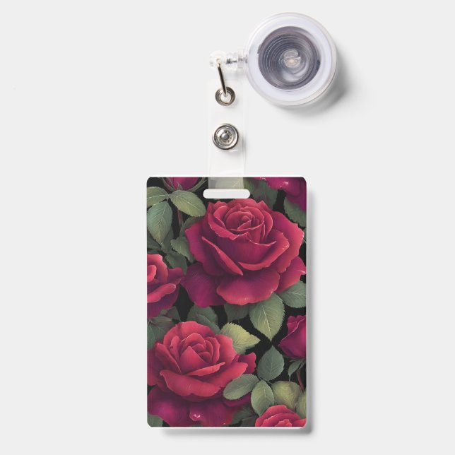Red Rose Floral Badge. Badge (Front with Retractable)