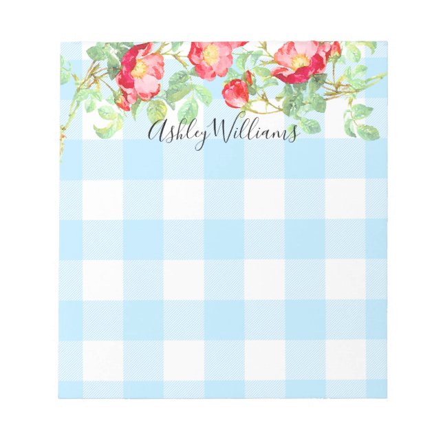 Red Rose Floral Blue Buffalo Plaid Script Monogram Notepad (Front)