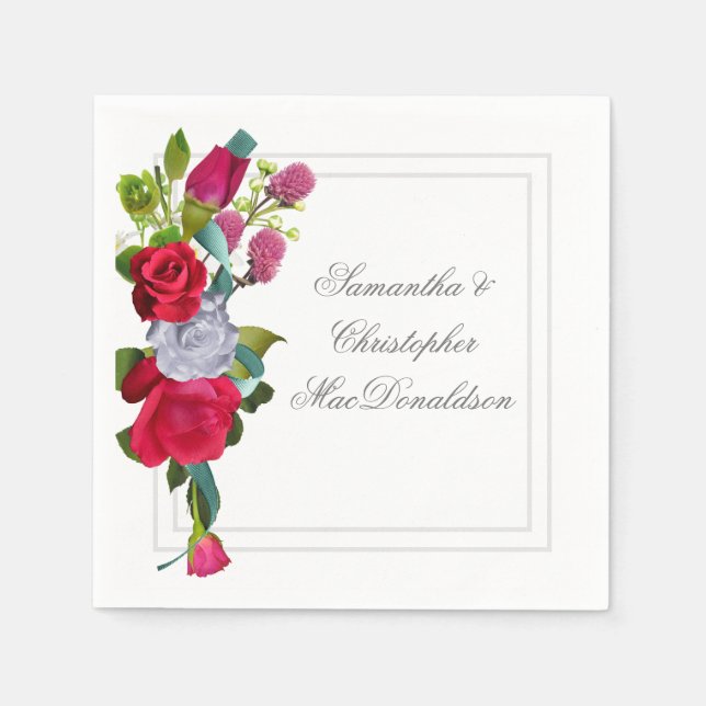 Red rose floral bouquet wedding napkin (Front)
