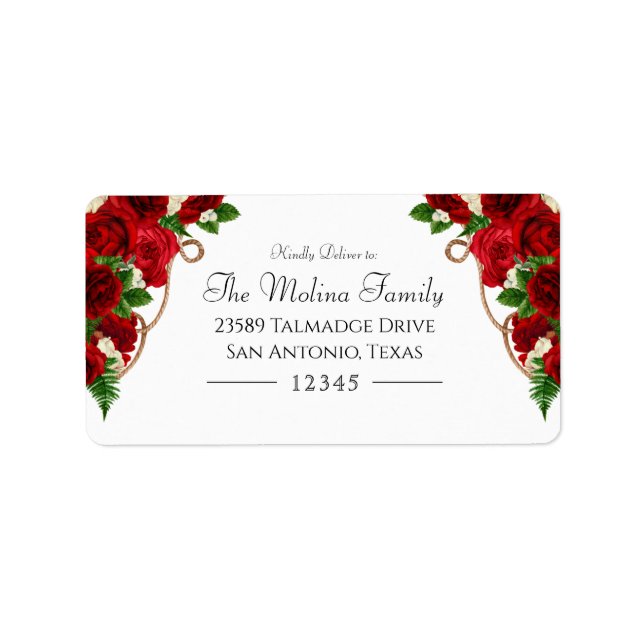 Red Rose Floral Charro Quinceanera Address Label (Front)