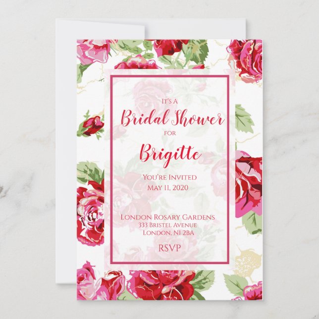 Red rose floral classic print bridal shower  announcement (Front)