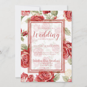 Red rose, floral classic print wedding invitation