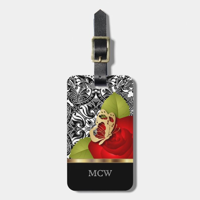 Red Rose Floral Design | Monogram Luggage Tag (Front Vertical)