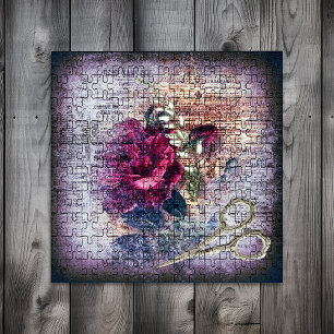 Red Rose Floral Ephemera Jigsaw Puzzle