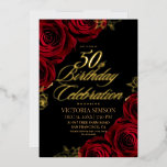 Red Rose Floral Fifty 50th Birthday<br><div class="desc">Stylish modern Birthday party invitation. Elegant handwritten calligraphy combined with a modern font on a dark black background complement each other and look harmonious at the same time.</div>