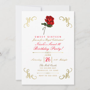 Red Rose Floral Gold Corners Sweet 16 Party Invitation