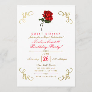 Red Rose Floral Gold Corners Sweet 16 Party Invitation
