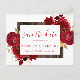Red Rose Floral Gold Fall Save the Date Postcard