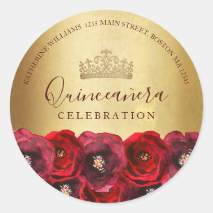 Red Rose Floral Gold Quinceañera Return Address Classic Round Sticker