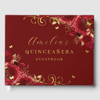 Red Rose Floral Gold Swirl Quinceanera