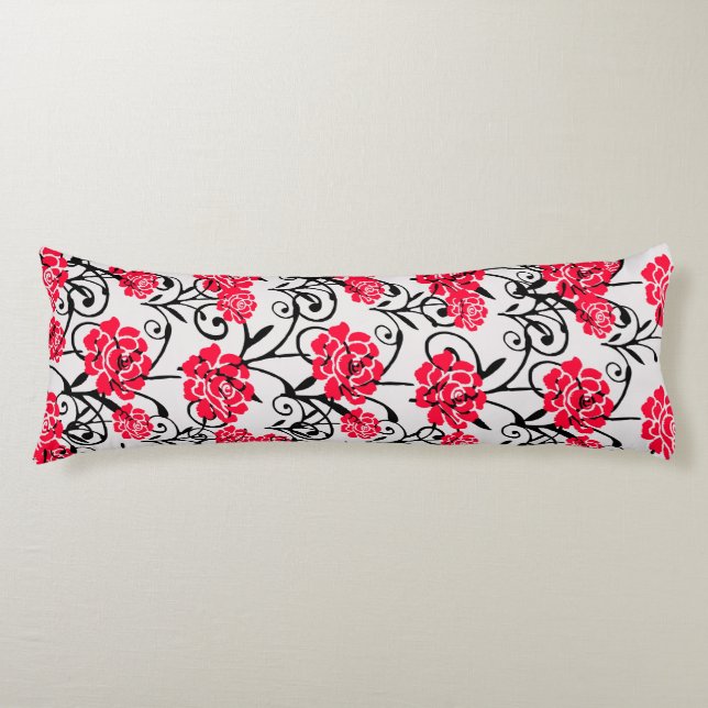 Red Rose Floral Illustration Pattern Design  Body Pillow (Front)