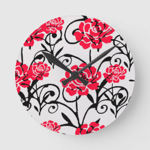 Red Rose Floral Illustration Pattern Design Round Clock