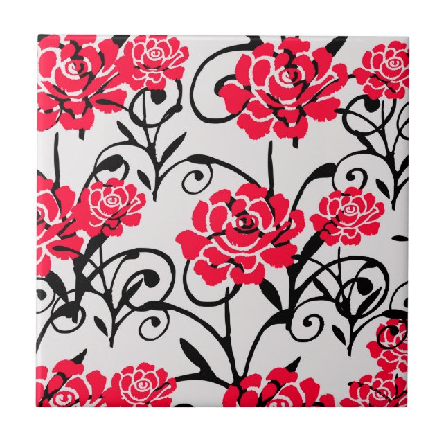 Red Rose Floral Illustration Pattern Design  Tile (Front)