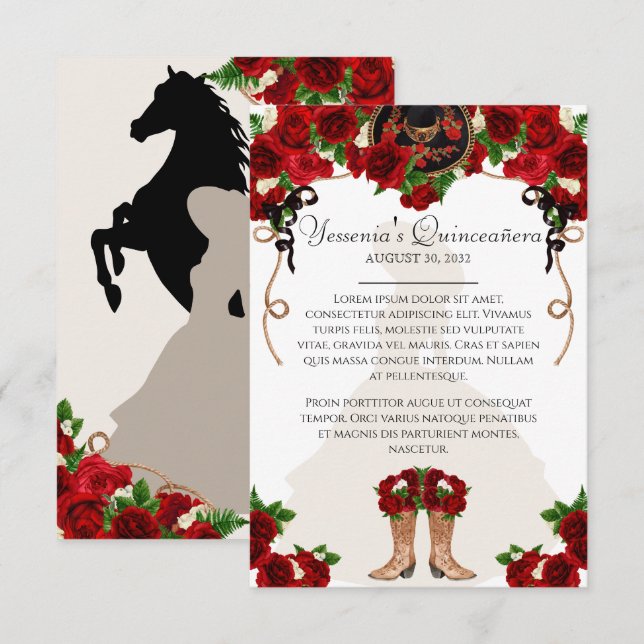 Red Rose Floral Mariachi Charro Quinceanera Info Enclosure Card (Front/Back)