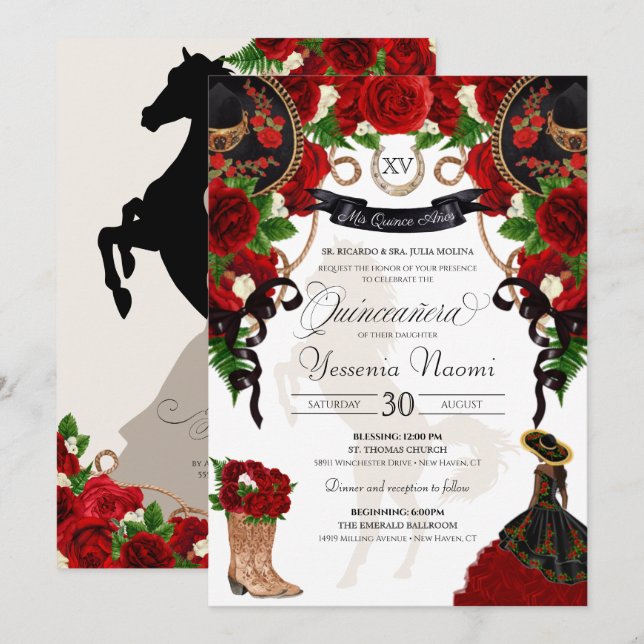 Red Rose Floral Mariachi Charro Quinceanera  Invitation (Front/Back)