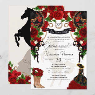 Red Rose Floral Mariachi Charro Quinceanera  Invitation