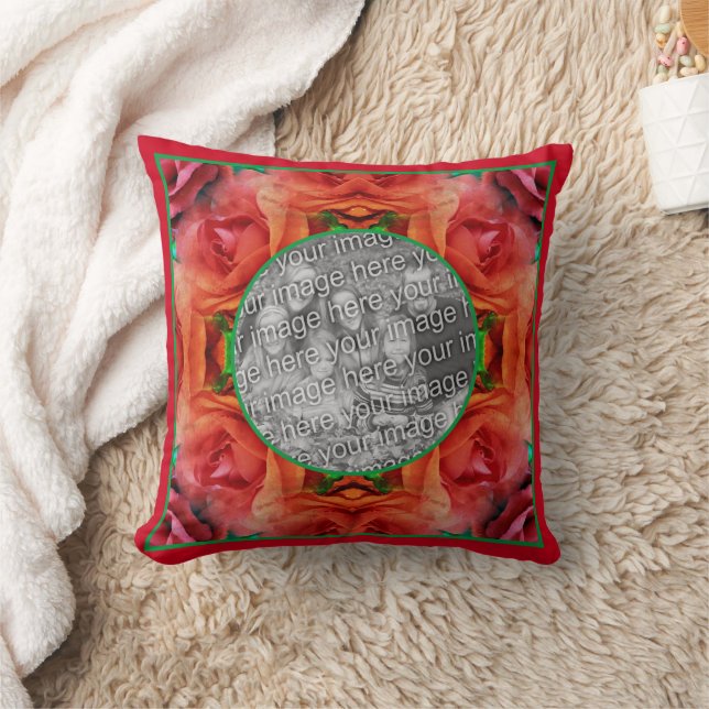 Red Rose Floral Nature Frame Add Your Photo  Throw Pillow (Blanket)