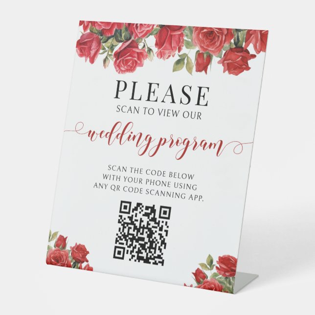 Red Rose Floral QR Code Wedding Program  Pedestal Sign (Front)