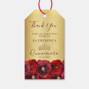 Red Rose Floral Shiny Gold Crown Quinceañera Gift Tags