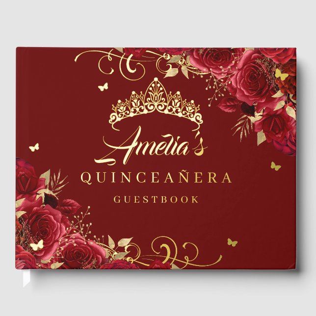 Red Rose Floral Swirl Quinceanera Gold   Guest Book (Front)