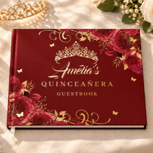 Red Rose Floral Swirl Quinceanera Gold Guest Book
