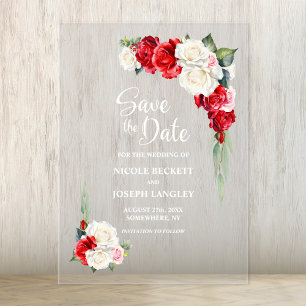 Red Rose Floral Wedding Save the Date Acrylic Invitations