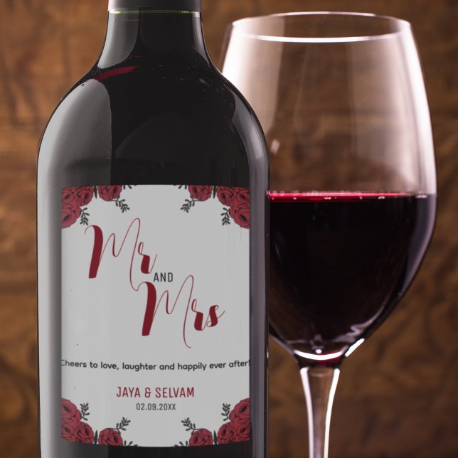Red Rose Floral Wedding Theme Sparkling Wine Label (floral theme wedding wine bottle label)