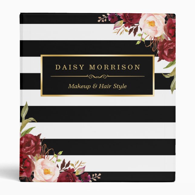 Red Rose Floral Wrapping Black White Striped Binder (Front)