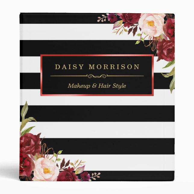 Red Rose Floral Wrapping Black White Striped Binder (Front)