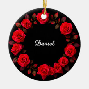 Red Rose Floral Wreath on Black Background Ceramic Ornament