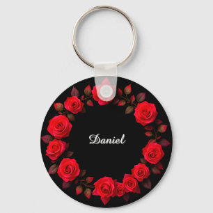 Red Rose Floral Wreath on Black Background Keychain