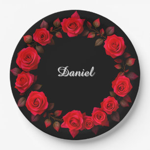 Red Rose Floral Wreath on Black Background Paper Plate