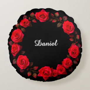 Red Rose Floral Wreath on Black Background Round Pillow