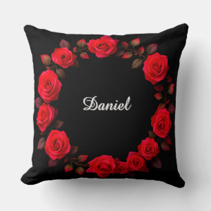 Red Rose Floral Wreath on Black Background Throw Pillow