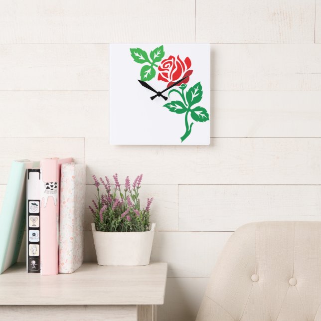 Red Rose Flower Design – Classic Floral Beauty Square Wall Clock (Reading Room)