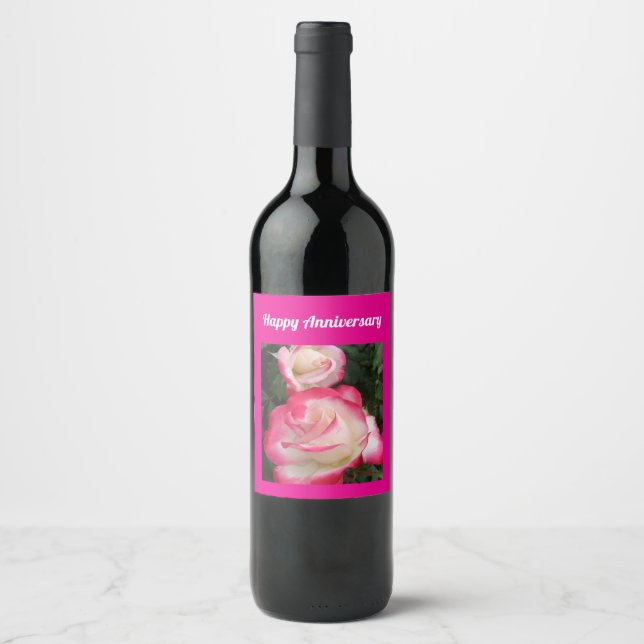 Red Rose Flower Floral Happy Anniversary Wine Label (Front)