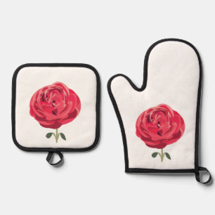 Red Rose Flower Floral Red Rose Oven Mitt & Pot Holder Set