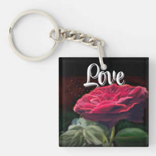 Red Rose Flower Green Black Art Floral Flowers  Keychain