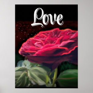 Red Rose Flower Green Black Art Floral Flowers Poster