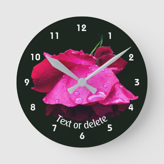 Red Rose Flower Raindrops Personalized Round Clock (Front)