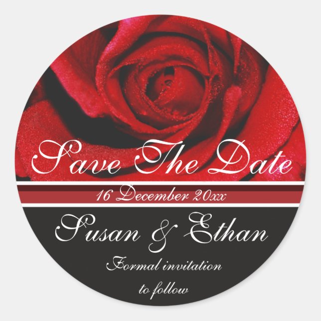 Red rose flower, Save The Date, Classic Round Sticker (Front)