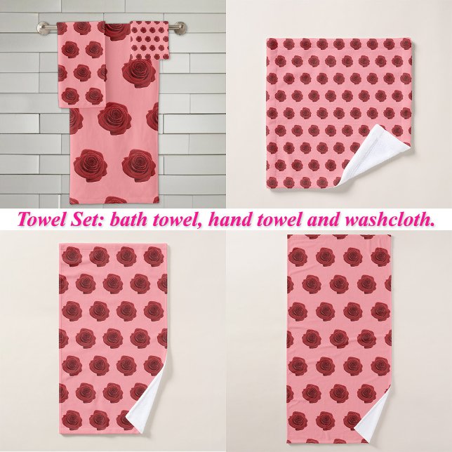 Red Rose Flower Seamless Pattern on Bath Towel Set (Red Rose flower seamless pattern on bath towel set: wash cloth, hand towel and bath towel)